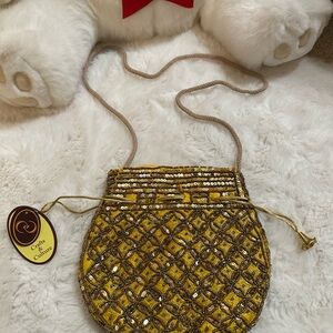 NEW! Gold Decorative Sequined with Drawstring Closure and Chain Strap from India